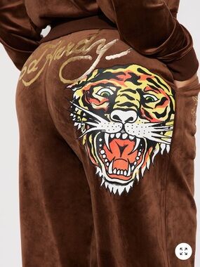 Ed Hardy Brown Velvet Wide Leg Pants with Multicolor Tiger Motif